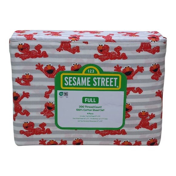 Sesame Street Full Double Sheet Set With Elmo Design 100% Cotton Red Gray White - Picture 1 of 8